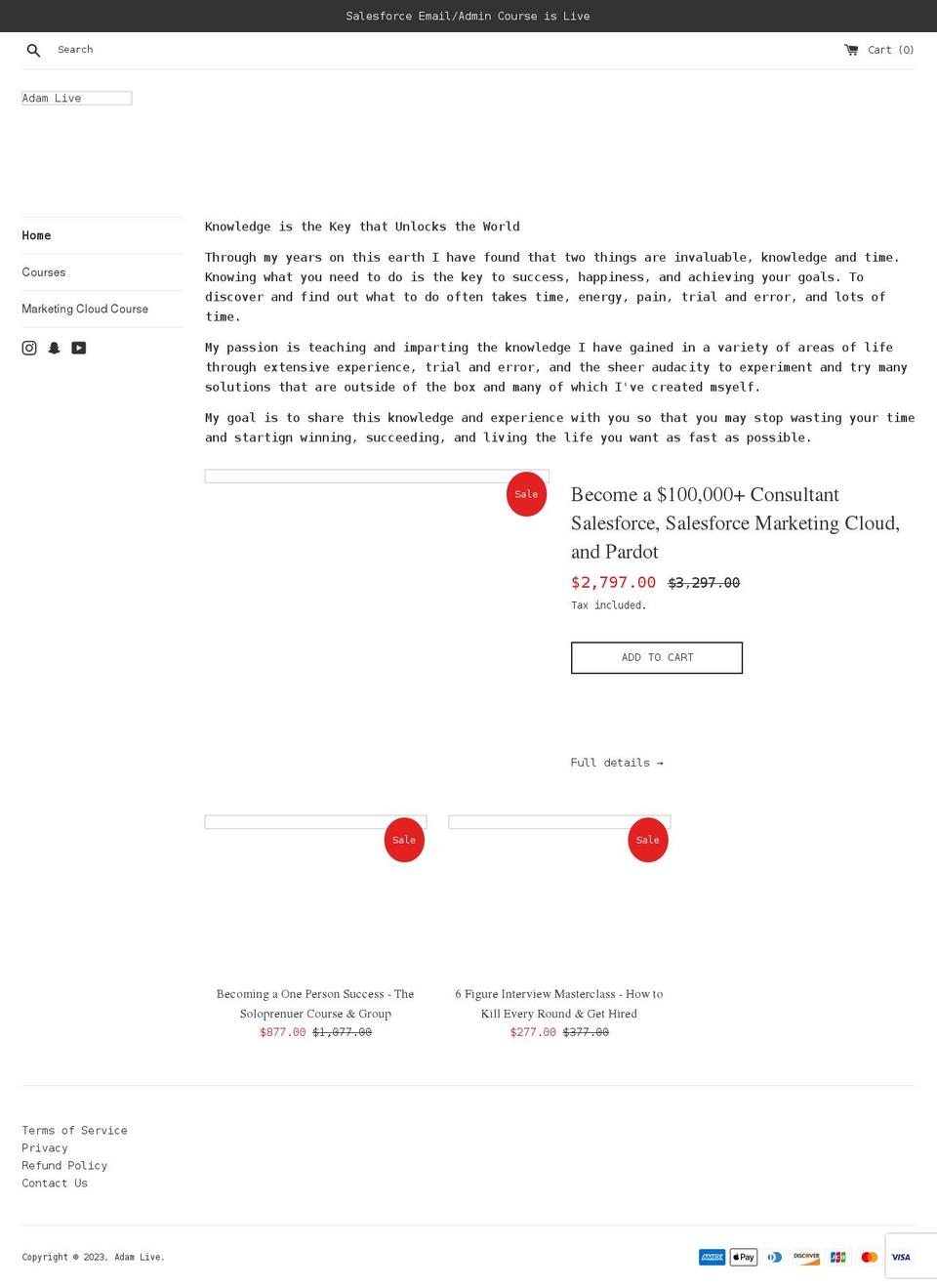 adam-live.com shopify website screenshot