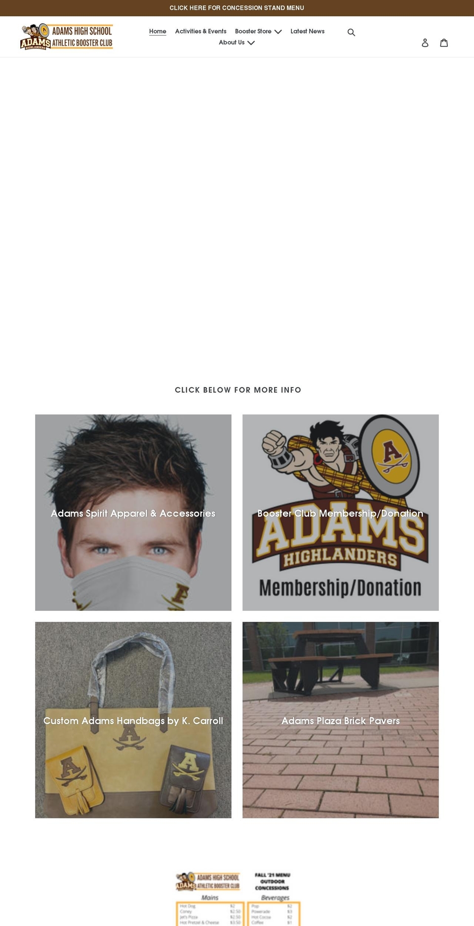 adamsathleticboosters.com shopify website screenshot