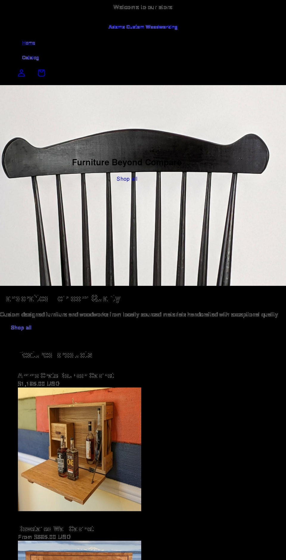 adamscustomwoodworking.com shopify website screenshot