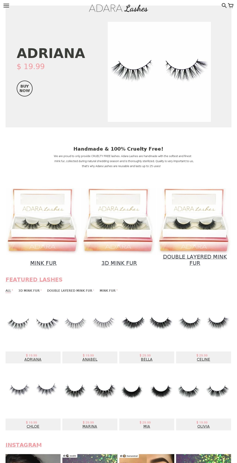 adaralashes.com shopify website screenshot