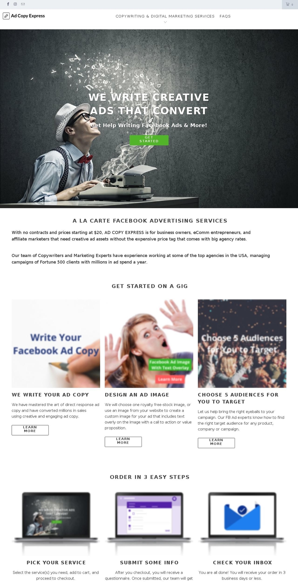 Parralax Shopify theme site example adcopyexpress.com