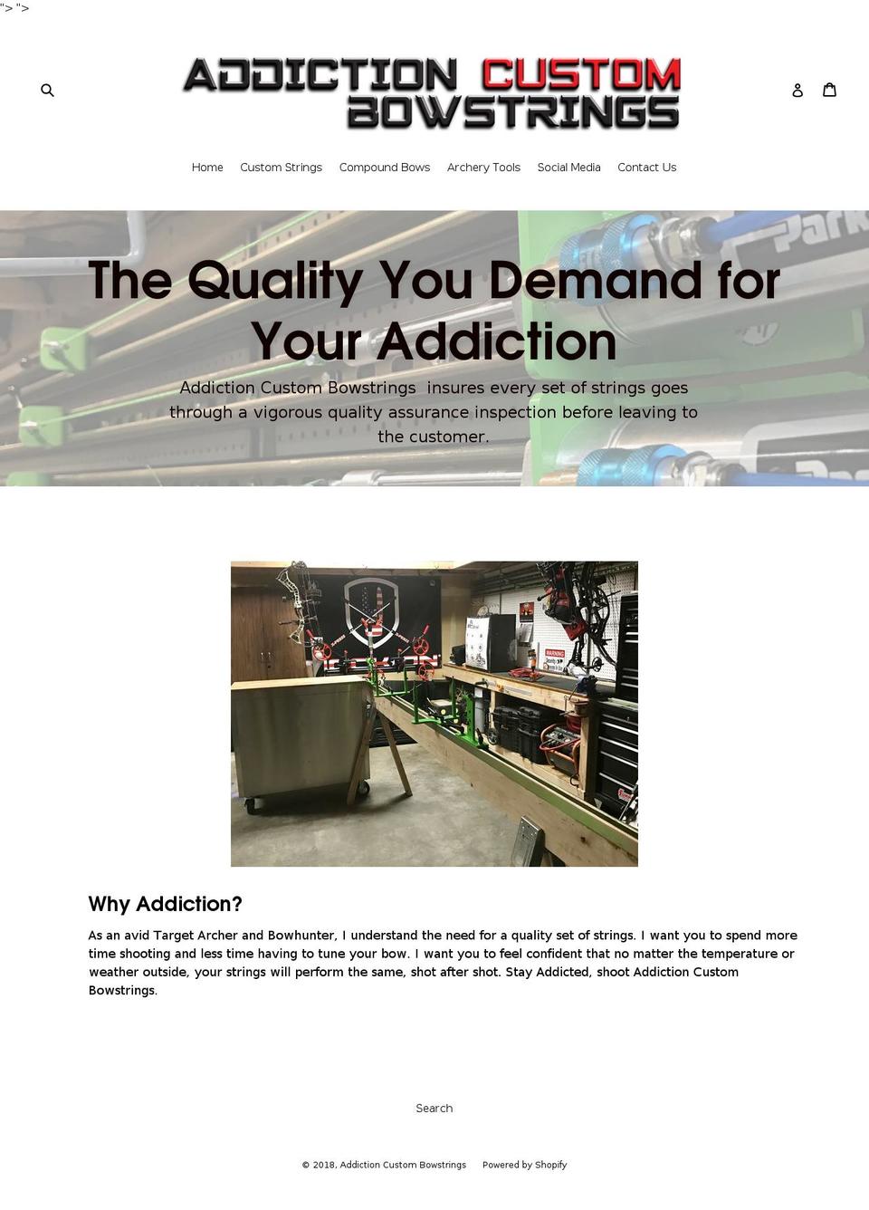 addictioncustombowstrings.com — Shopify storefront screenshot