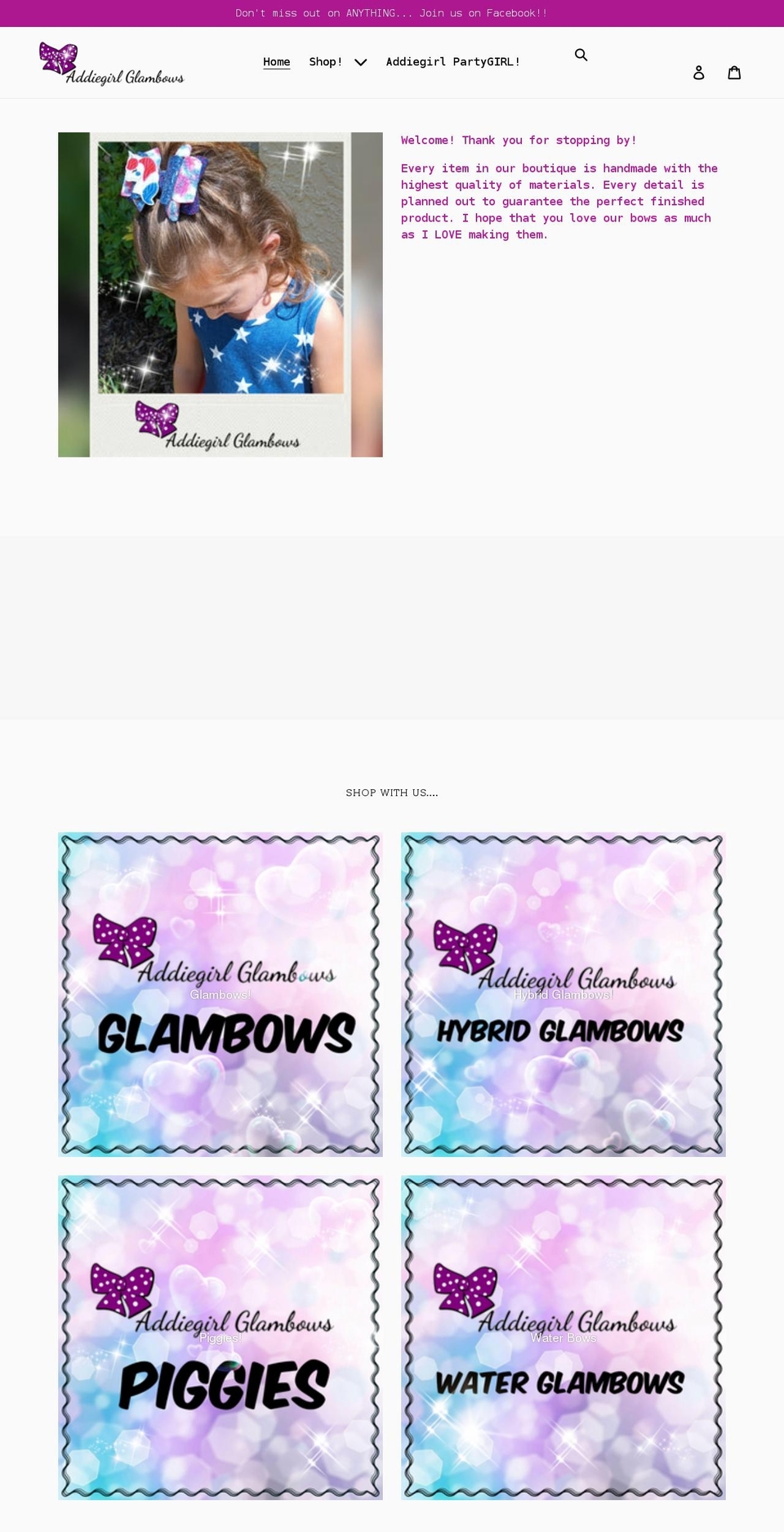 addiegirlglambows.com shopify website screenshot