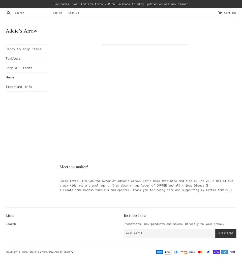 addiesarrow.com shopify website screenshot