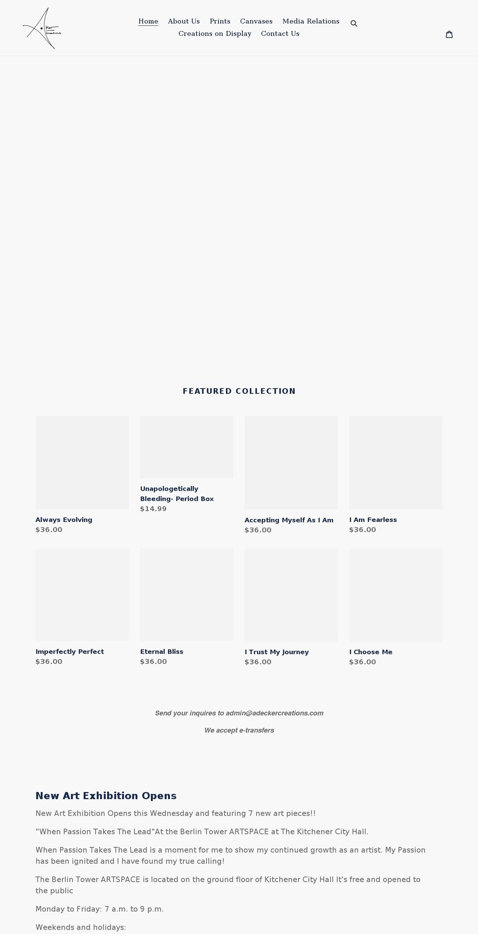 adeckercreations.com shopify website screenshot