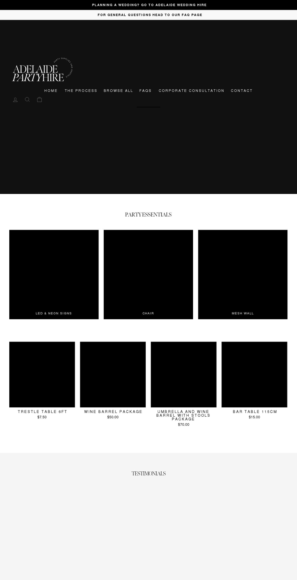 adelaidepartyhire.com shopify website screenshot