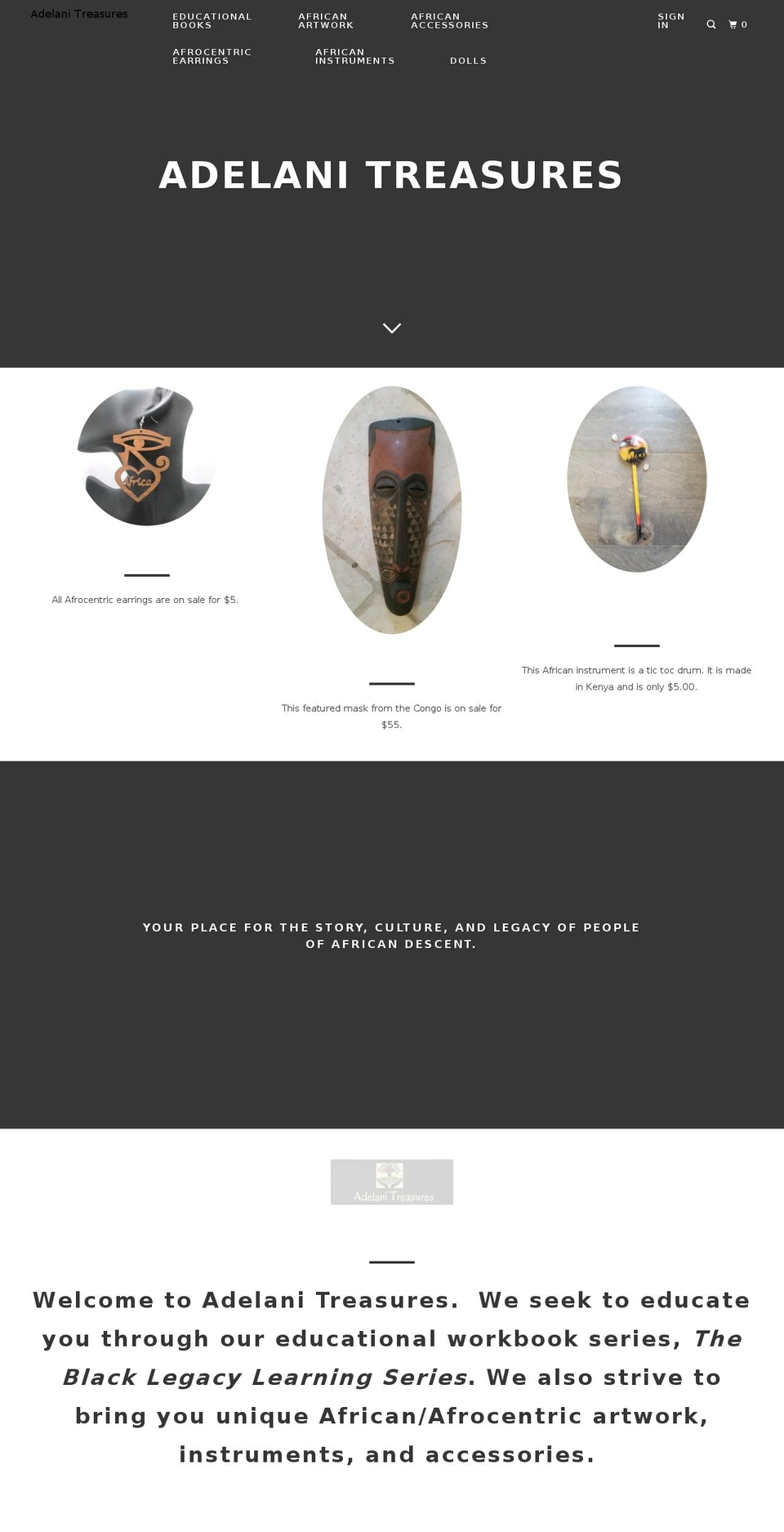 adelanitreasures.com shopify website screenshot