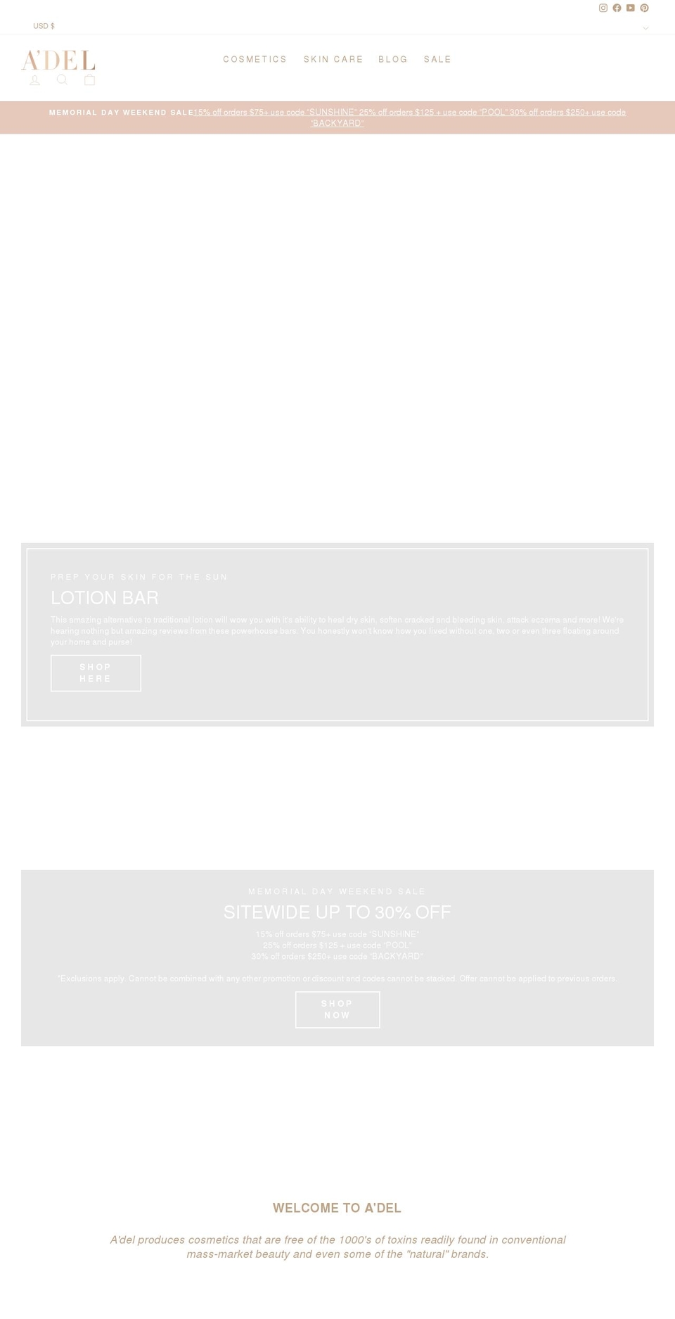 adelnaturalcosmetics.com shopify website screenshot