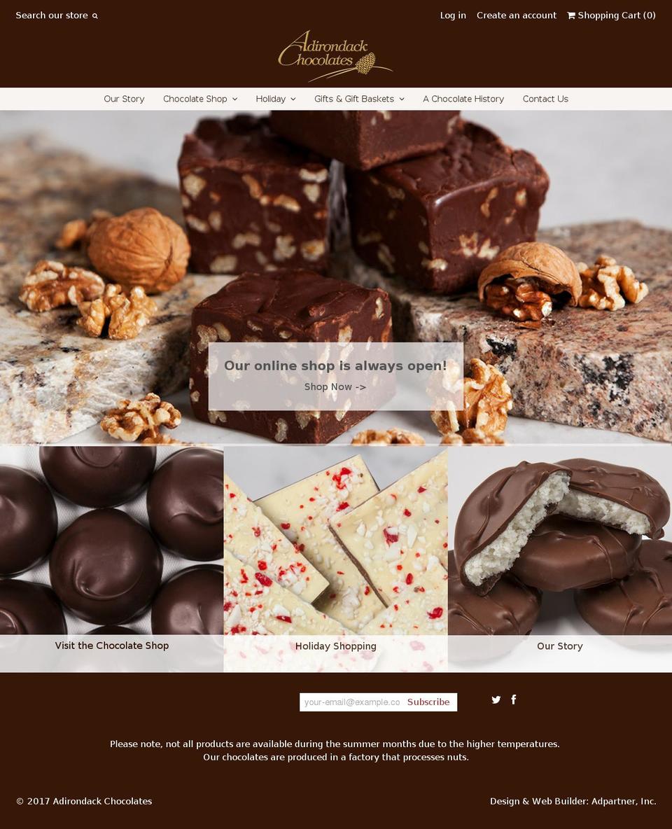 adirondackchocolates.com shopify website screenshot