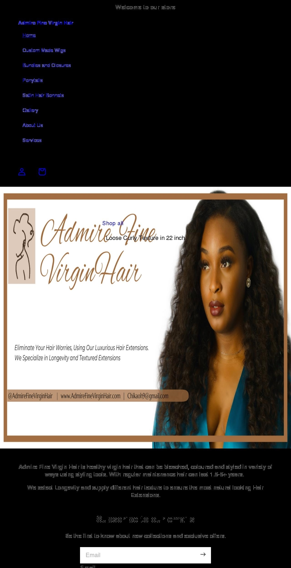 admirefinevirginhair.com shopify website screenshot