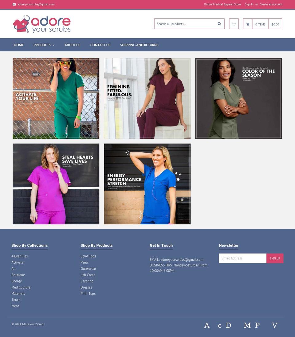 adoreyourscrubs.com shopify website screenshot