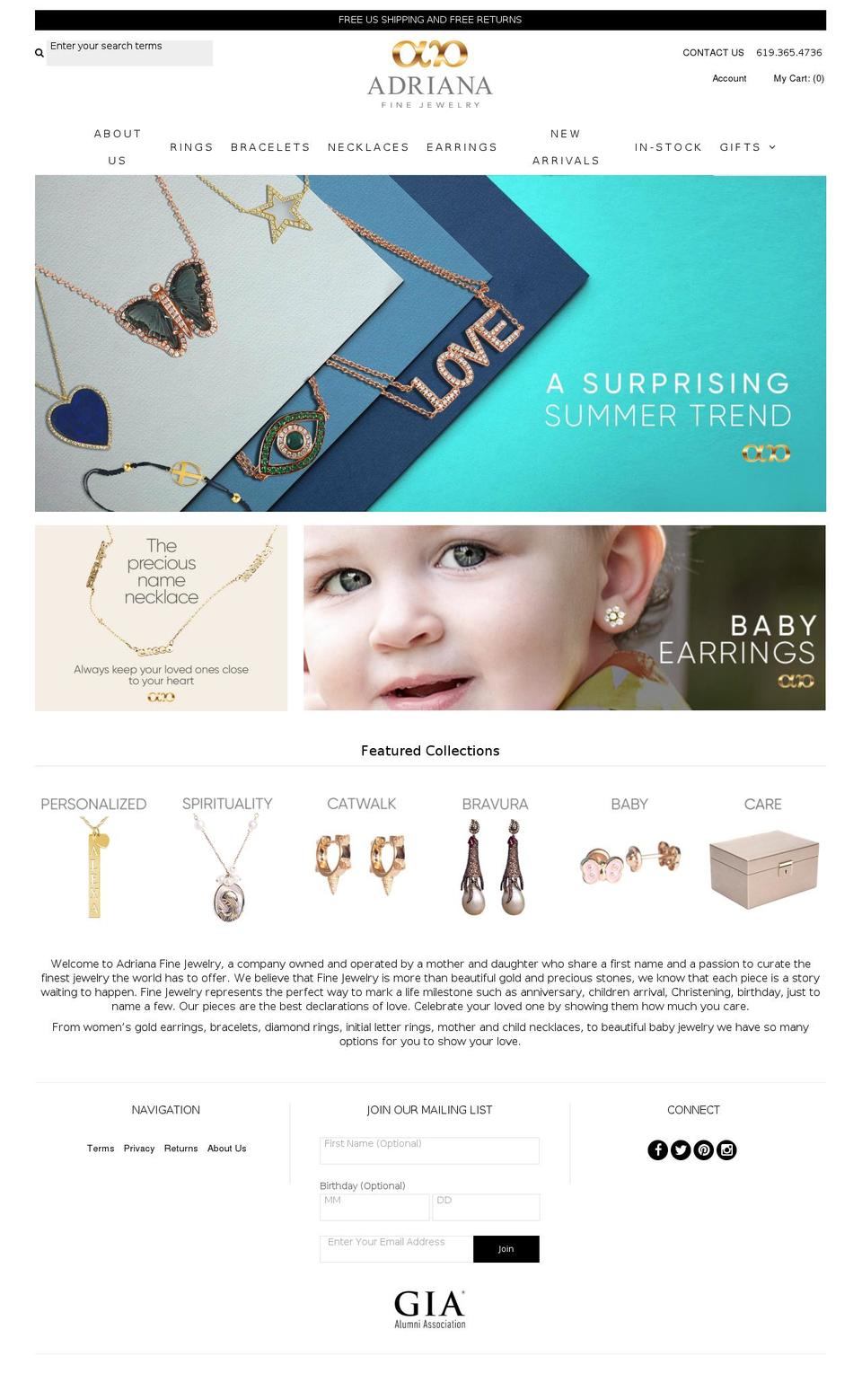 adriana.jewelry shopify website screenshot