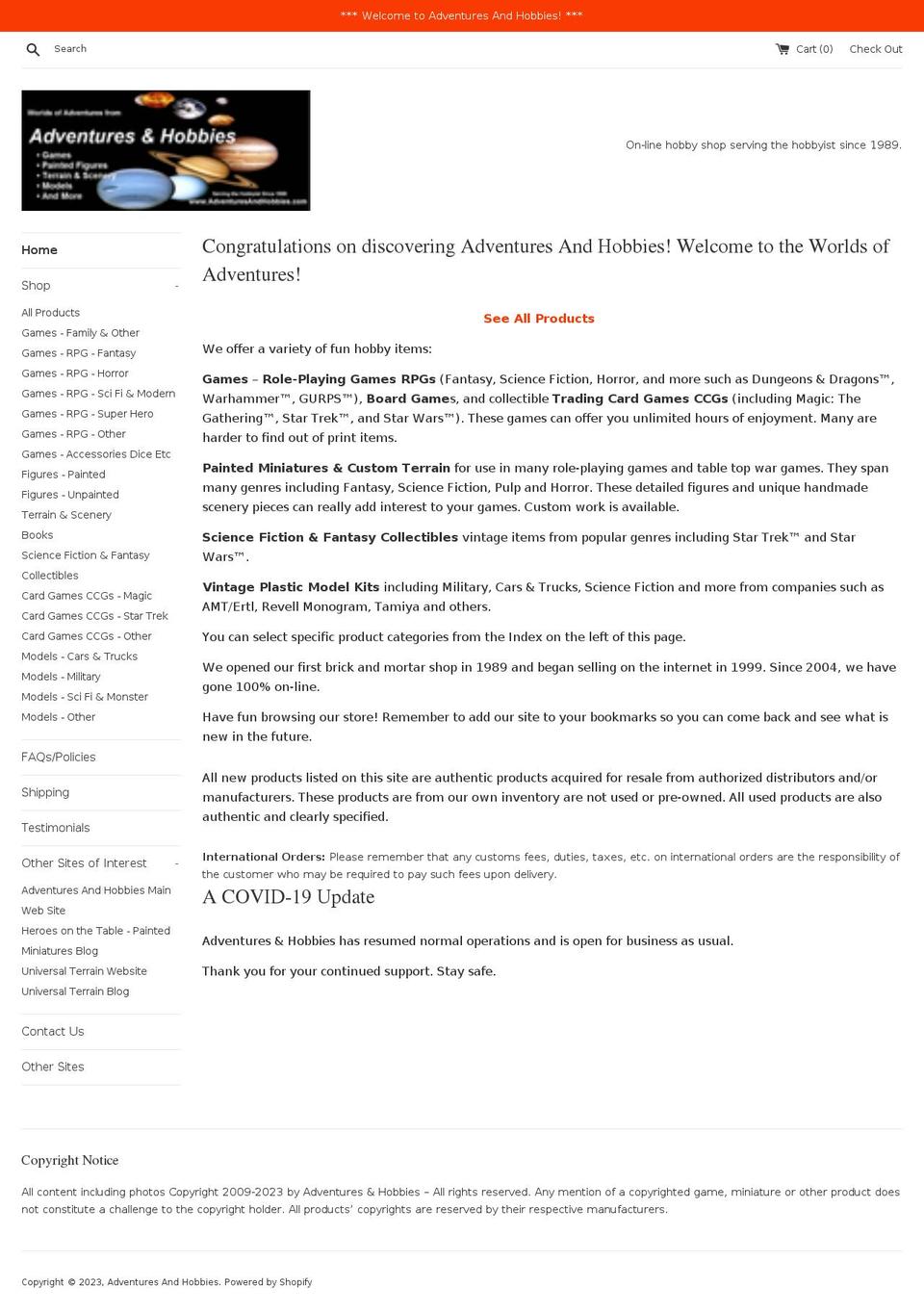 adventures-and-hobbies.myshopify.com shopify website screenshot