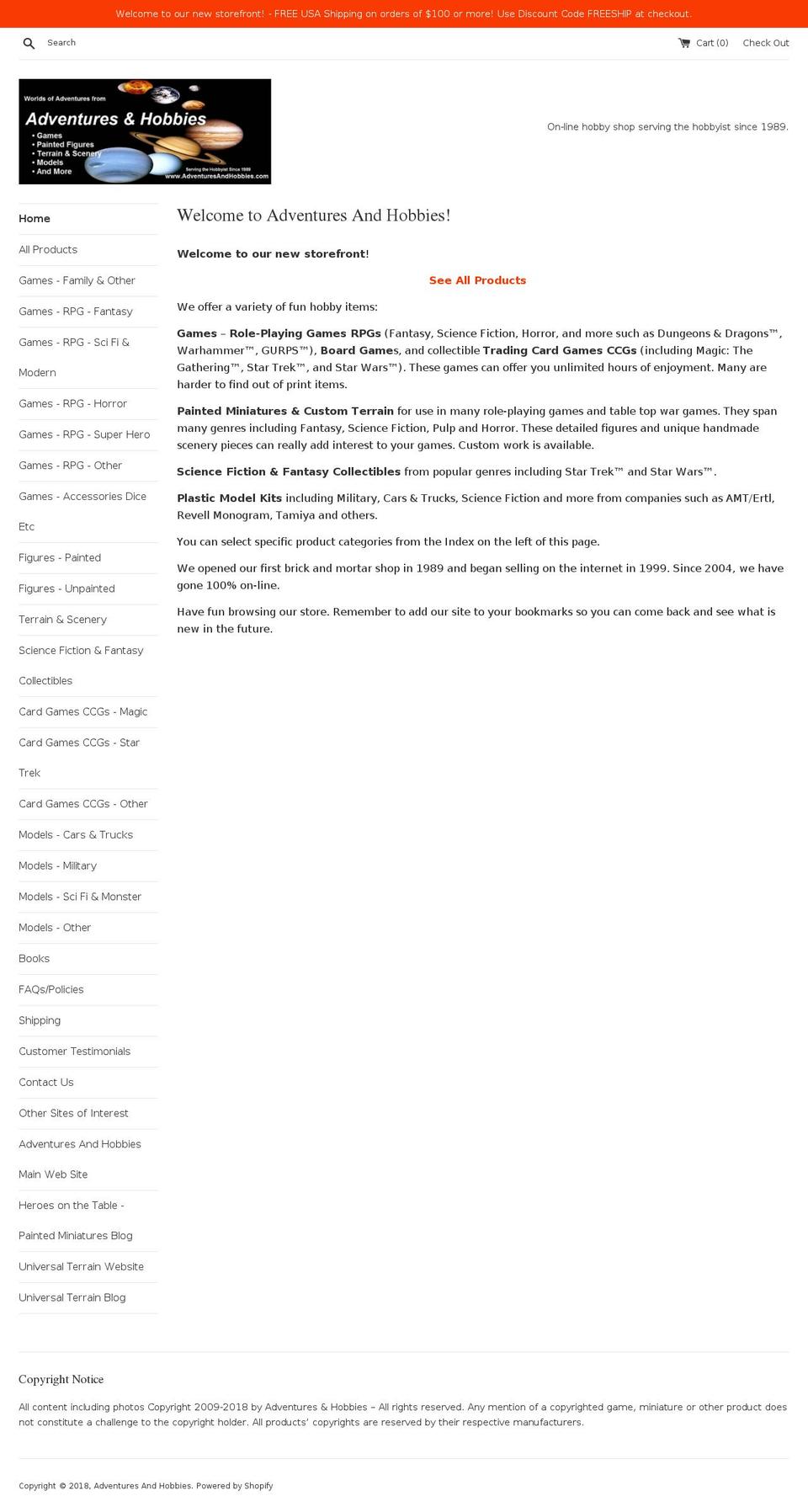 adventuresandhobbies2.com — Shopify storefront screenshot