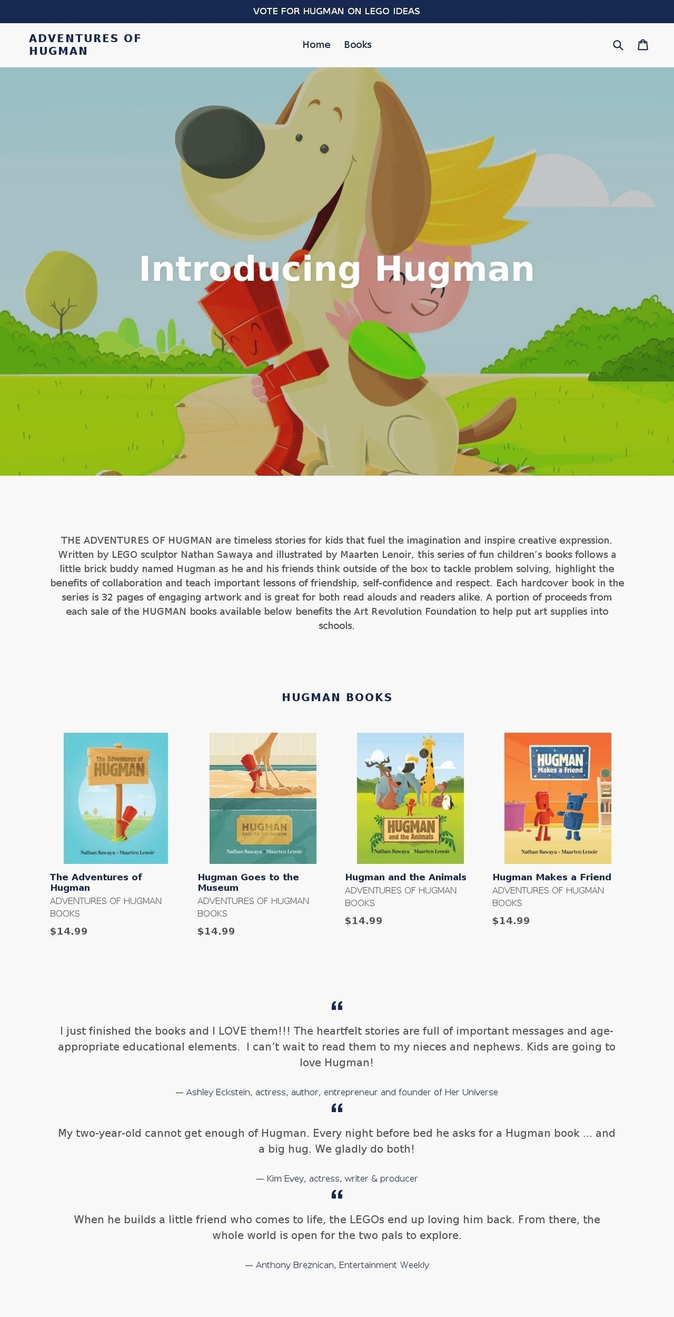 adventuresofhugman.com — Shopify storefront screenshot