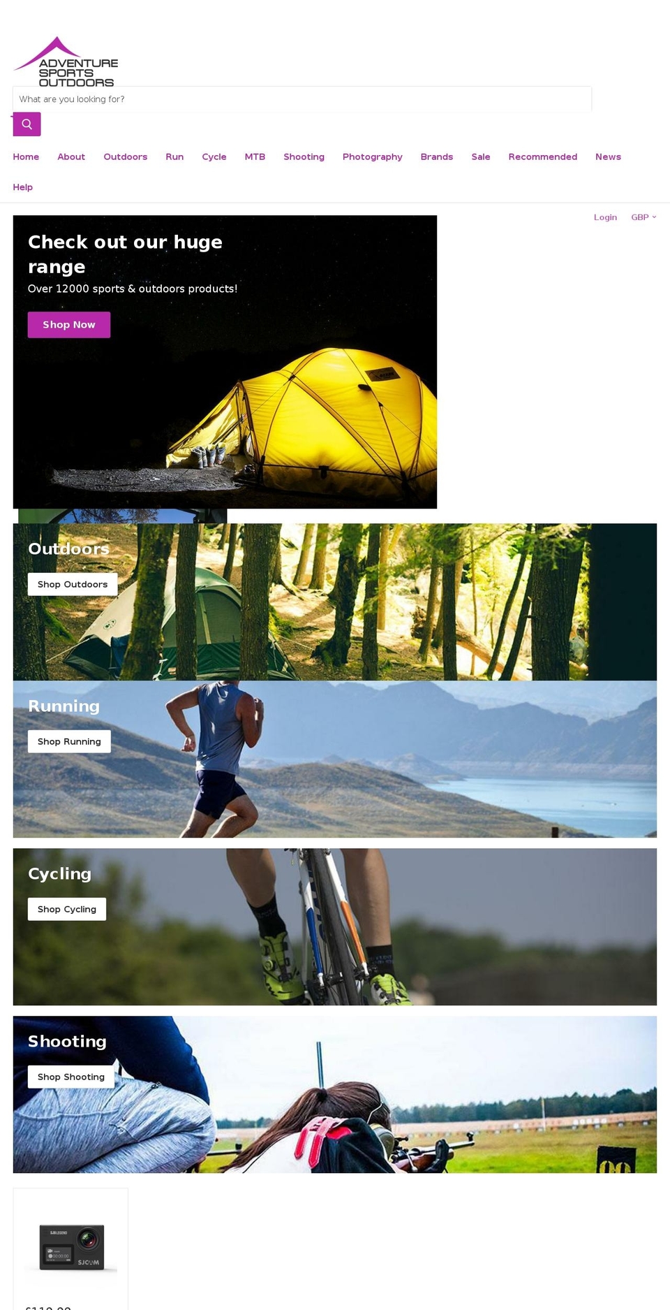 adventuresportsoutdoors.co.uk shopify website screenshot