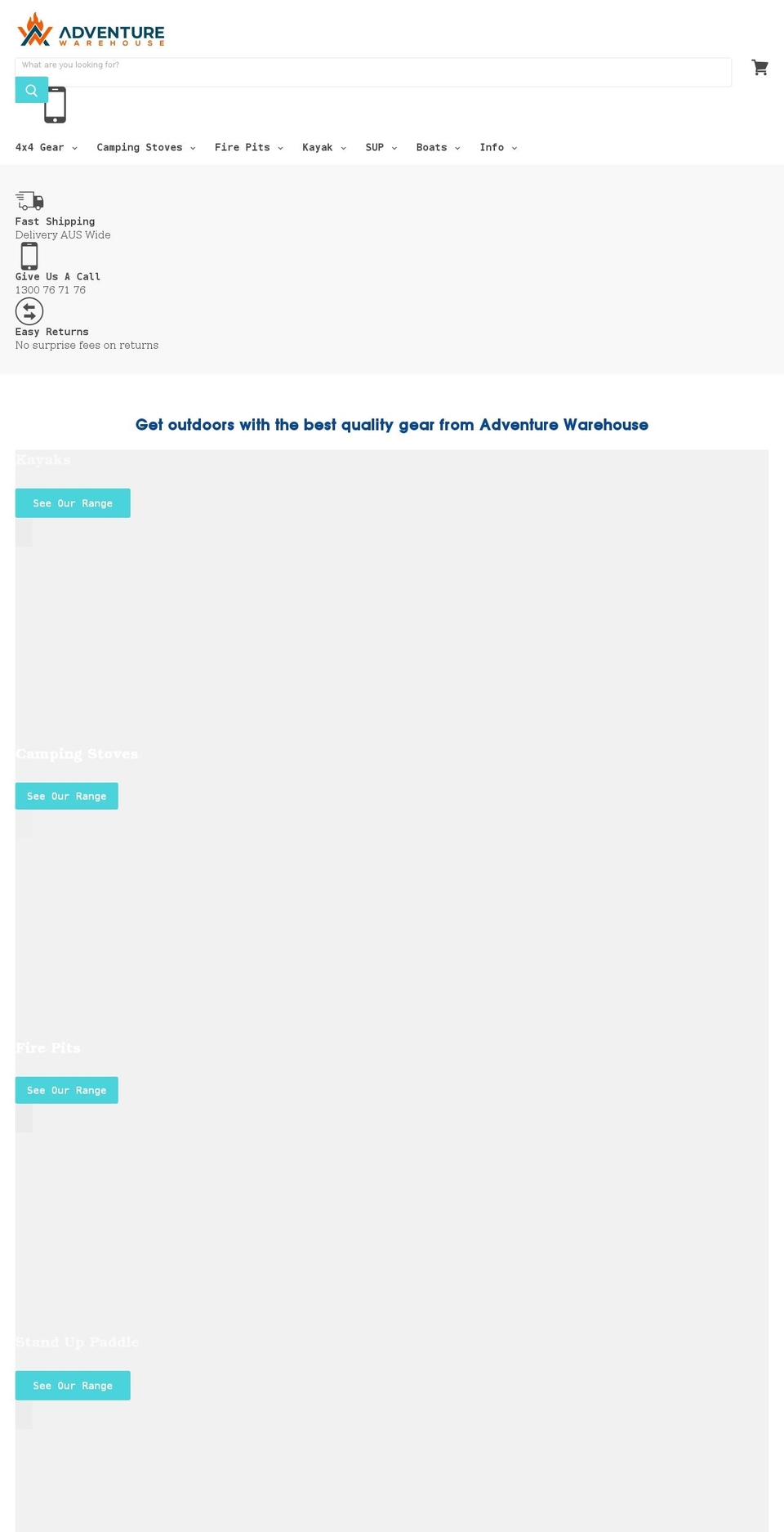 adventurewarehouse.com.au shopify website screenshot