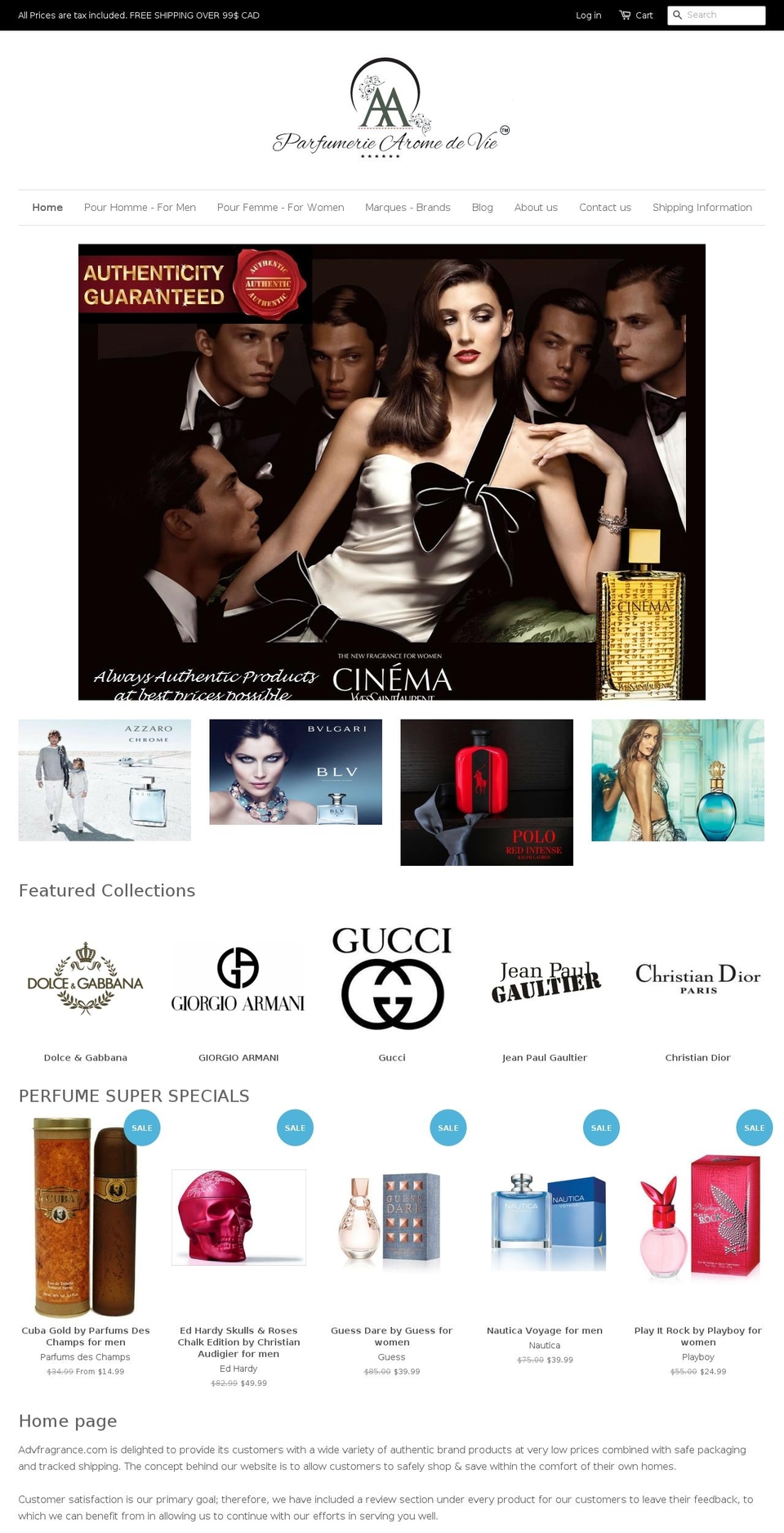 advfragrance.com shopify website screenshot