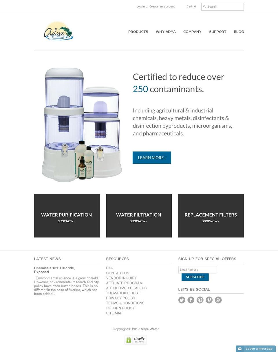 adyawater.com shopify website screenshot