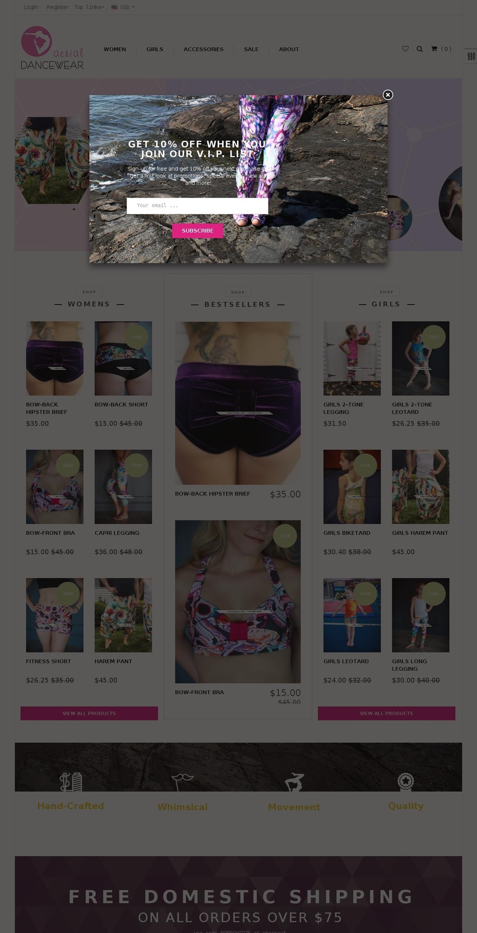 aerialdancewear.com shopify website screenshot