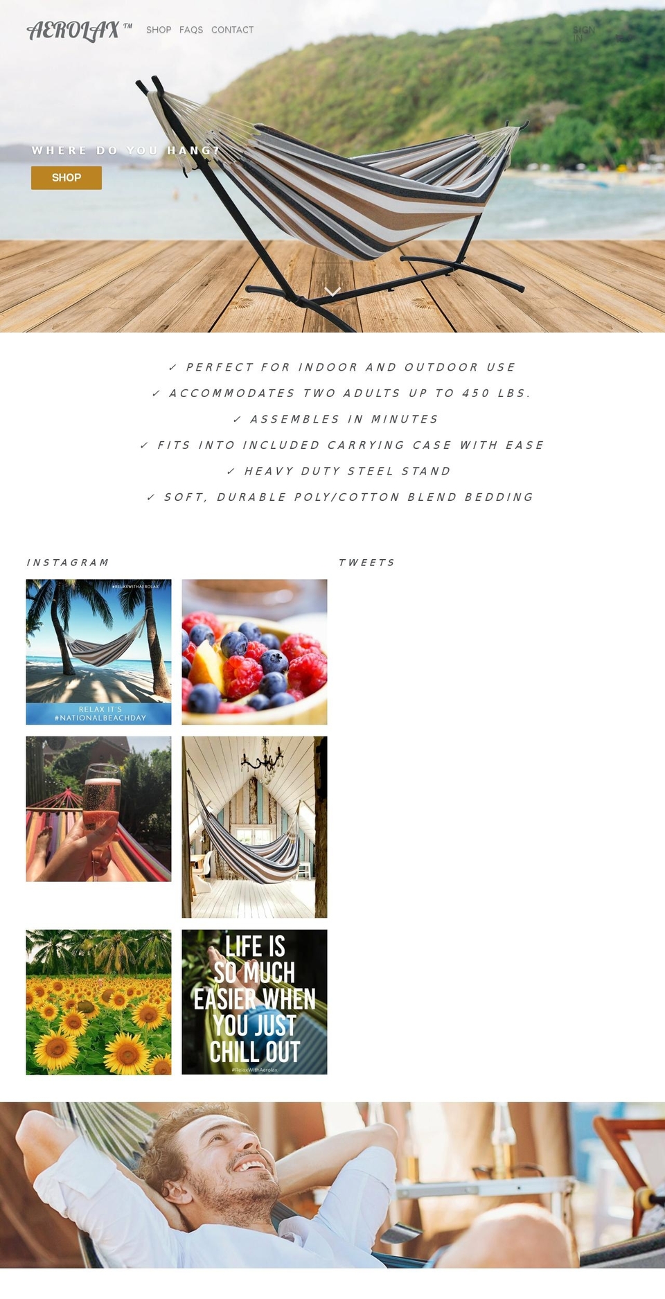aerolaxhammock.com shopify website screenshot