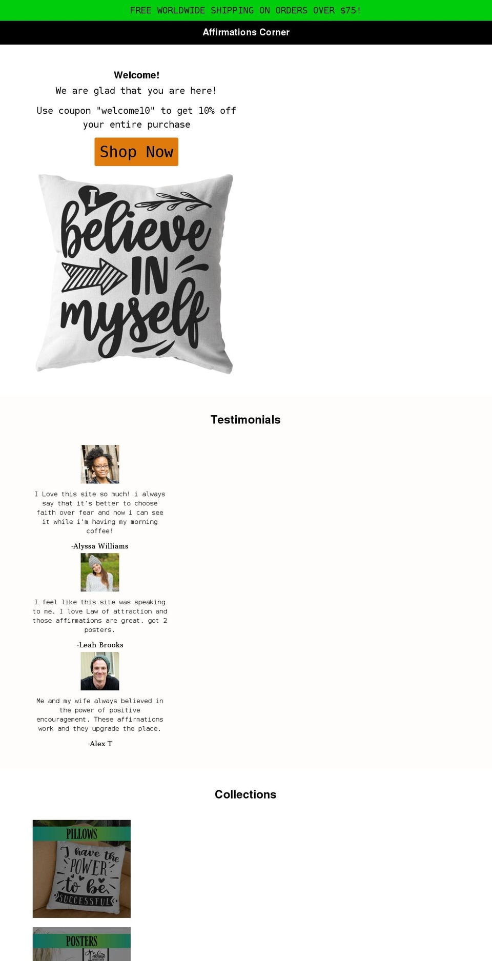 affirmationscorner.com shopify website screenshot