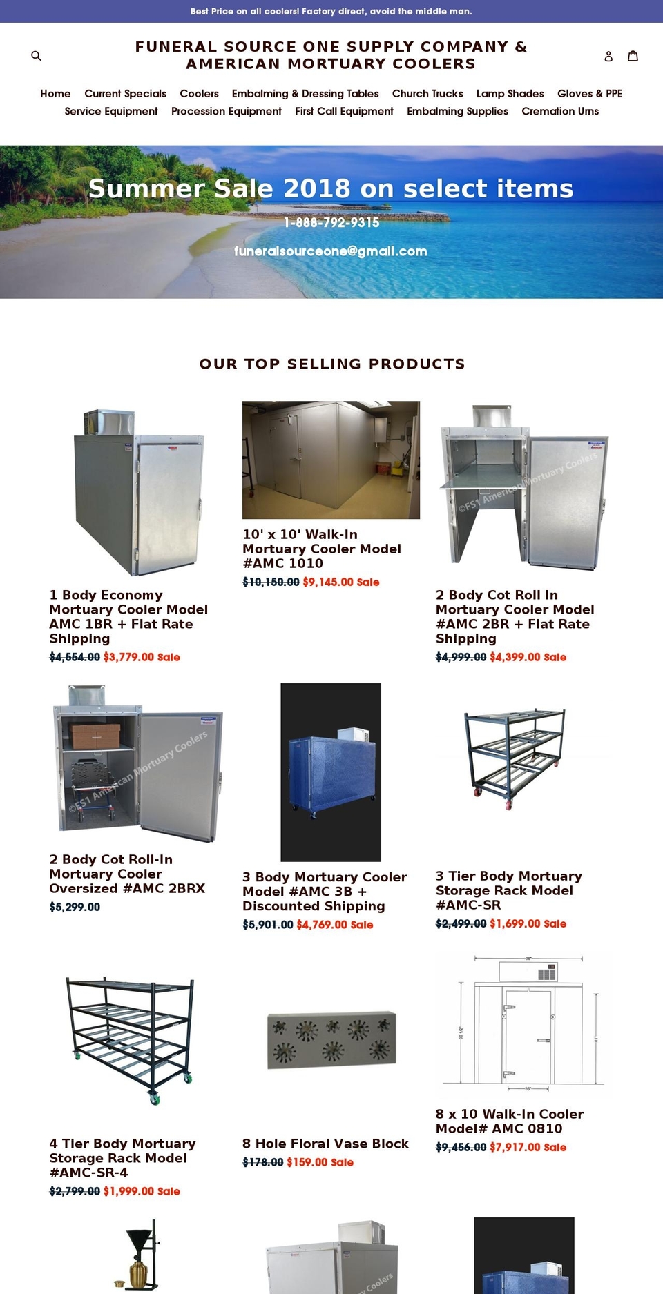 affordablemortuarycooler.com — Shopify storefront screenshot
