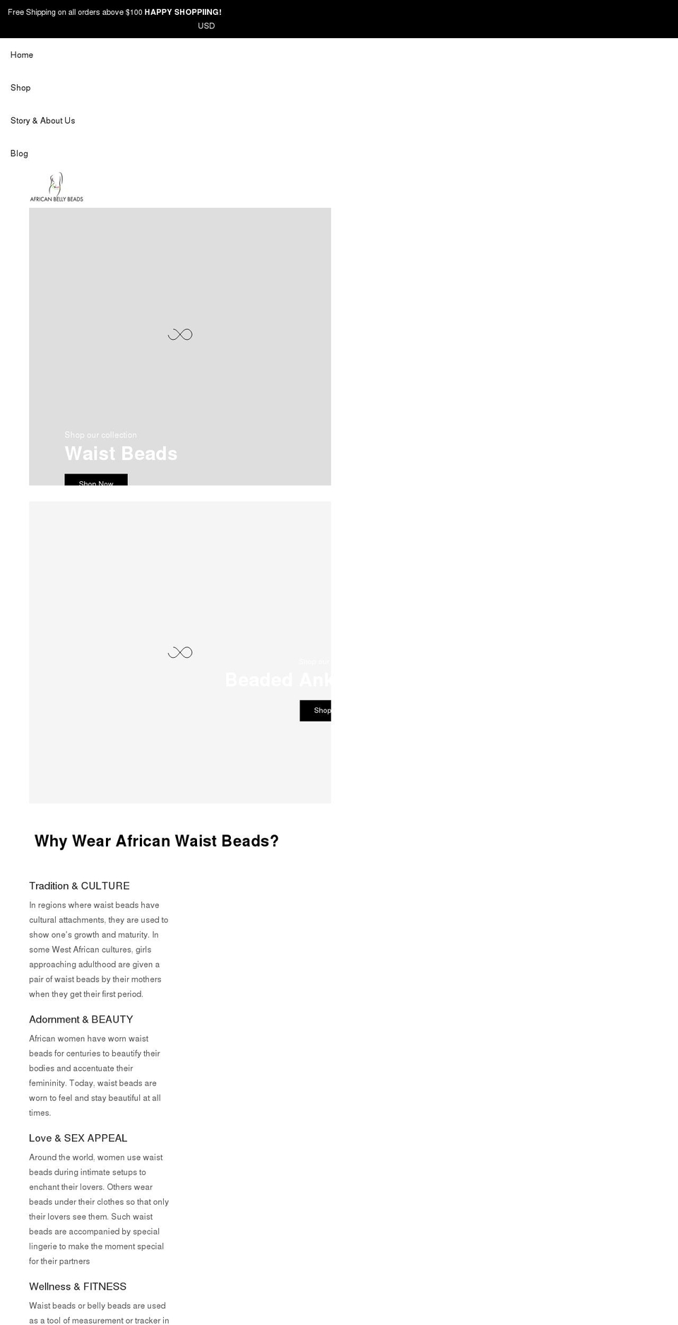 africanbellybeads.com shopify website screenshot