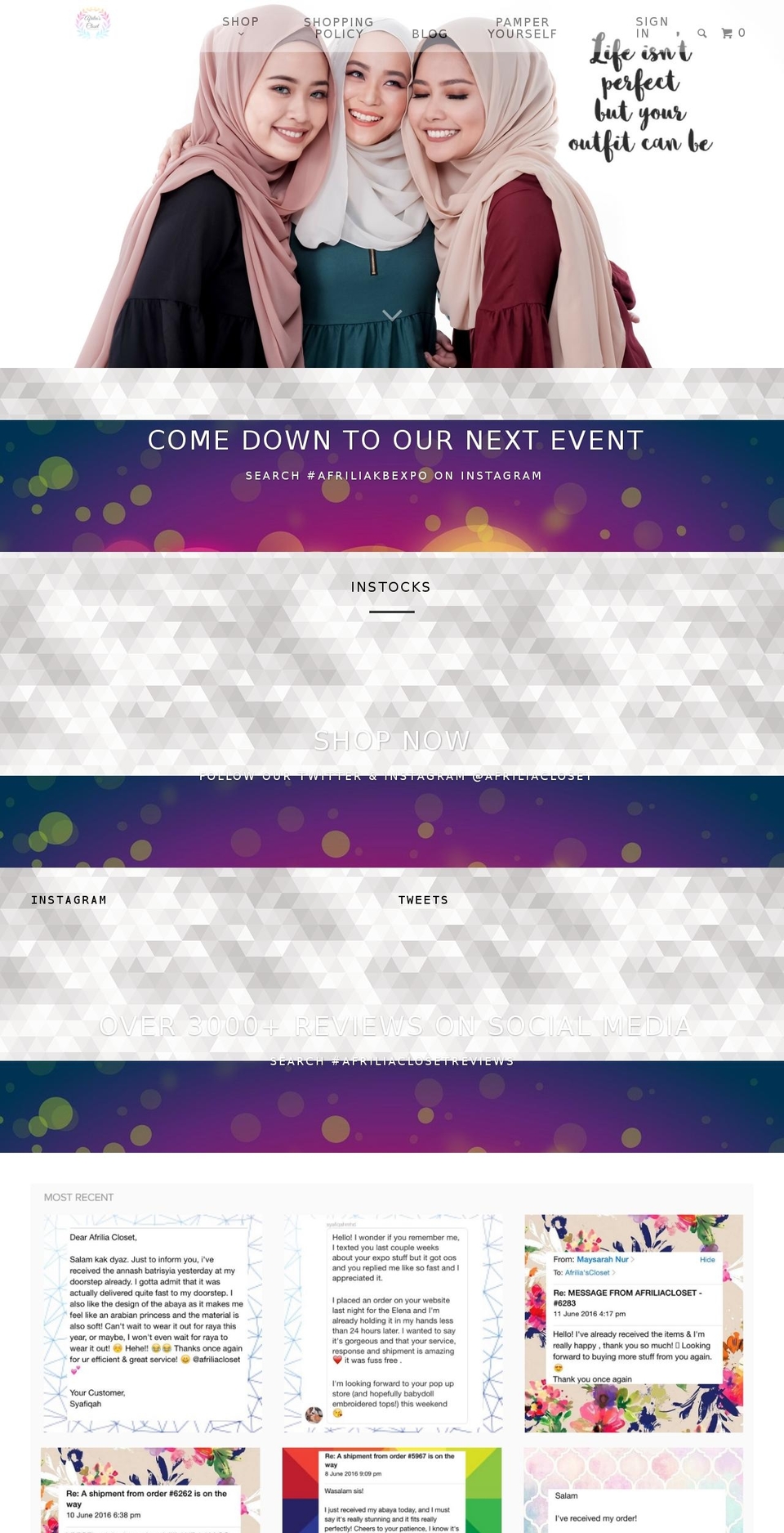 afriliascloset.com shopify website screenshot