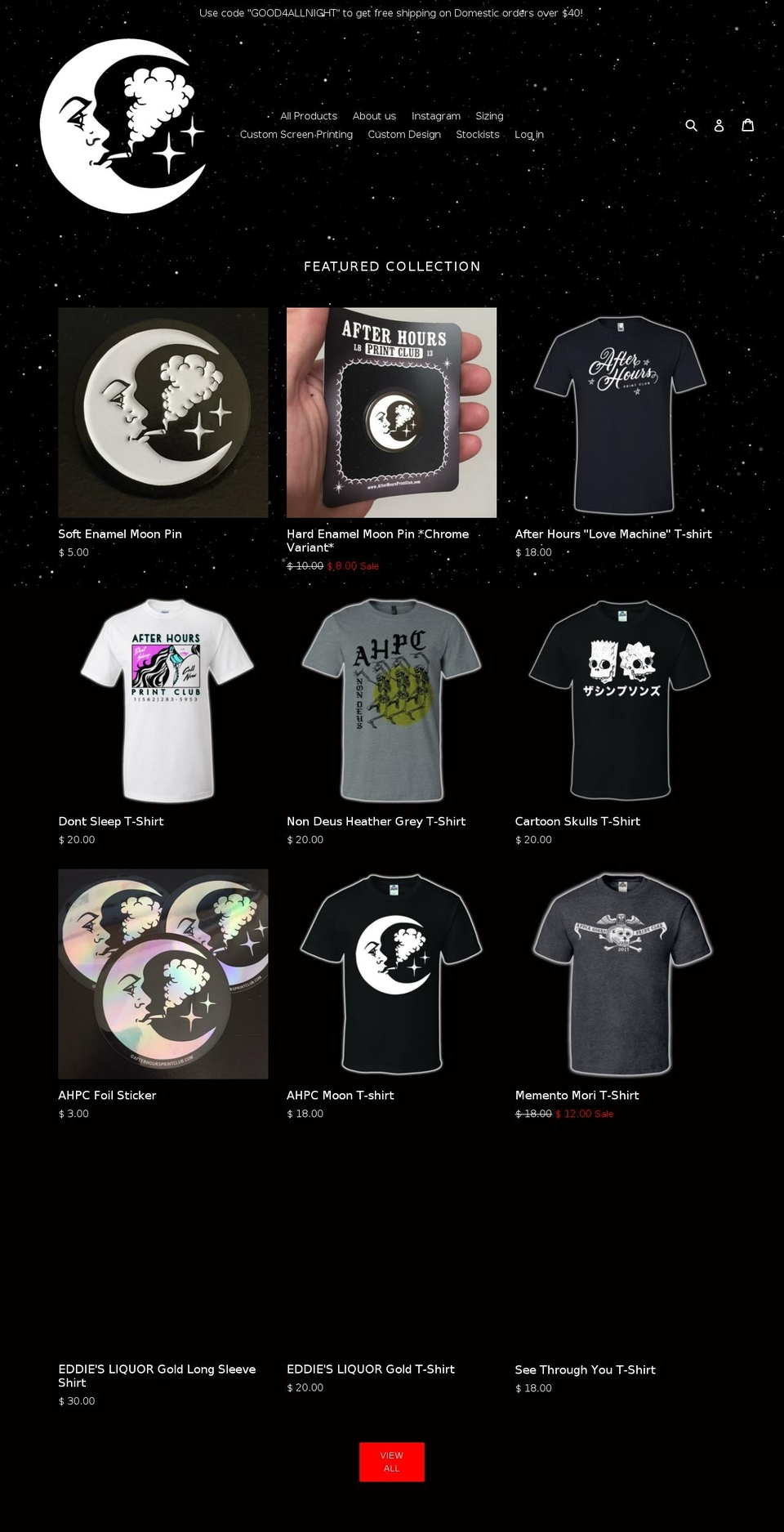afterhoursprintclub.com shopify website screenshot