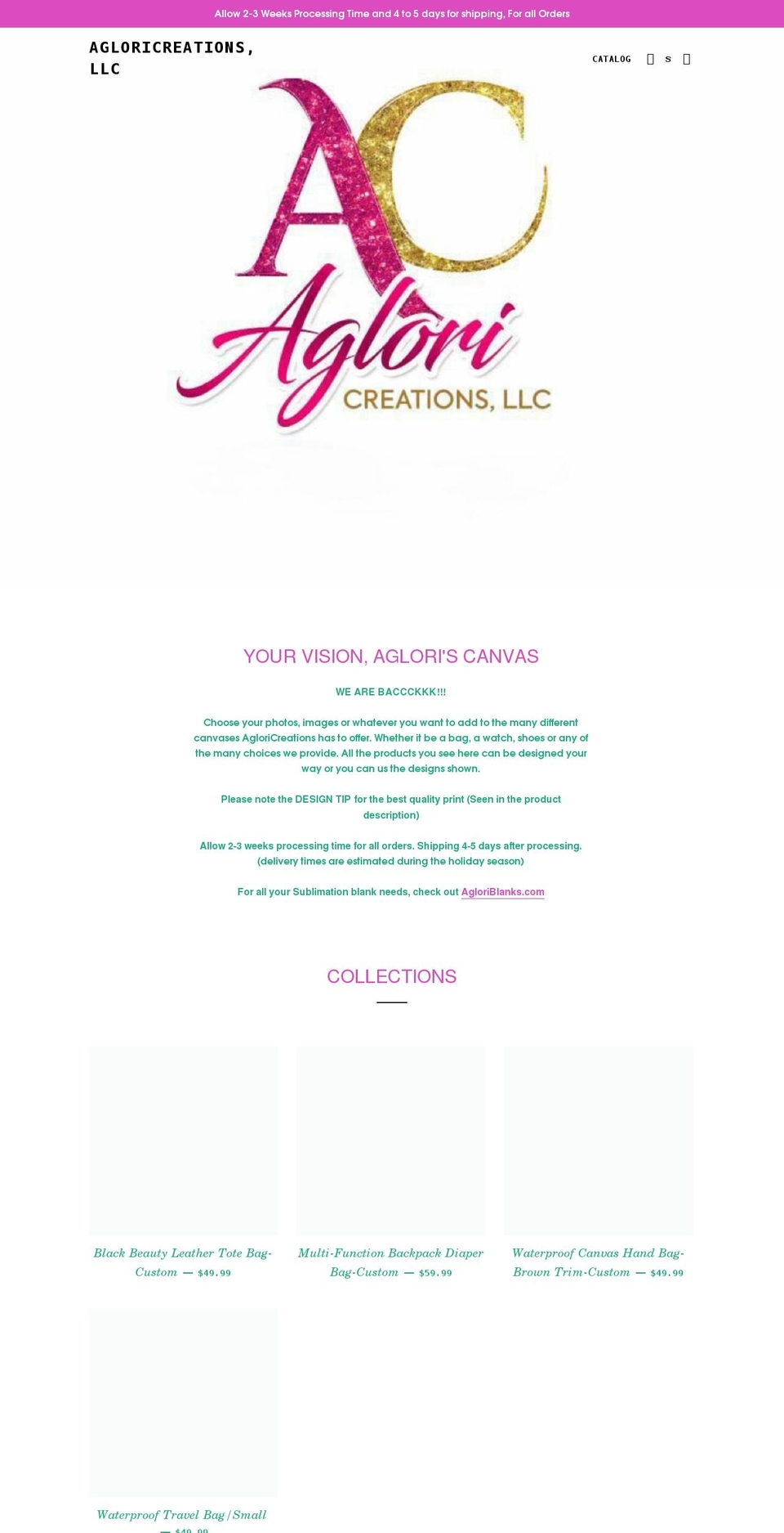 agloricreations.com shopify website screenshot