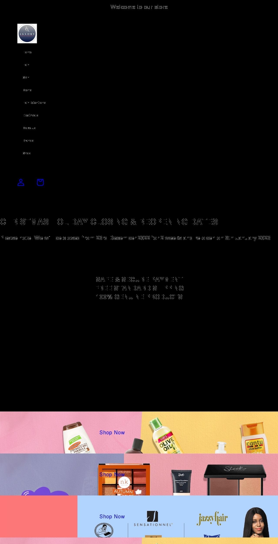 agloryhairandcosmetics.com shopify website screenshot