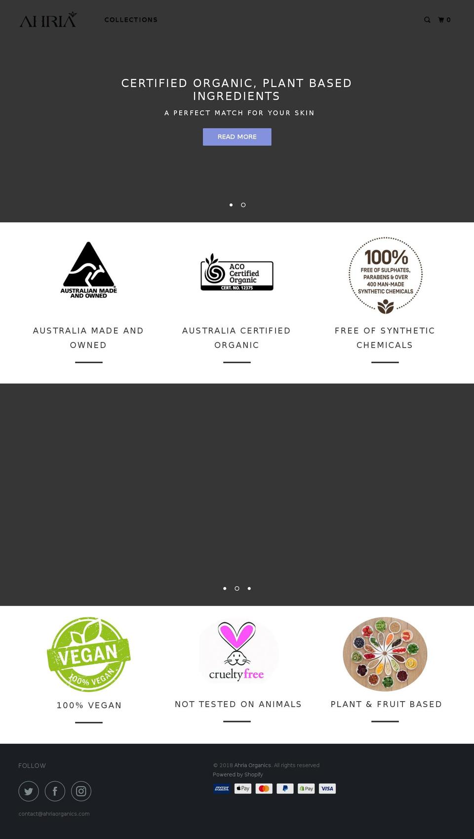 ahriaorganics.com shopify website screenshot