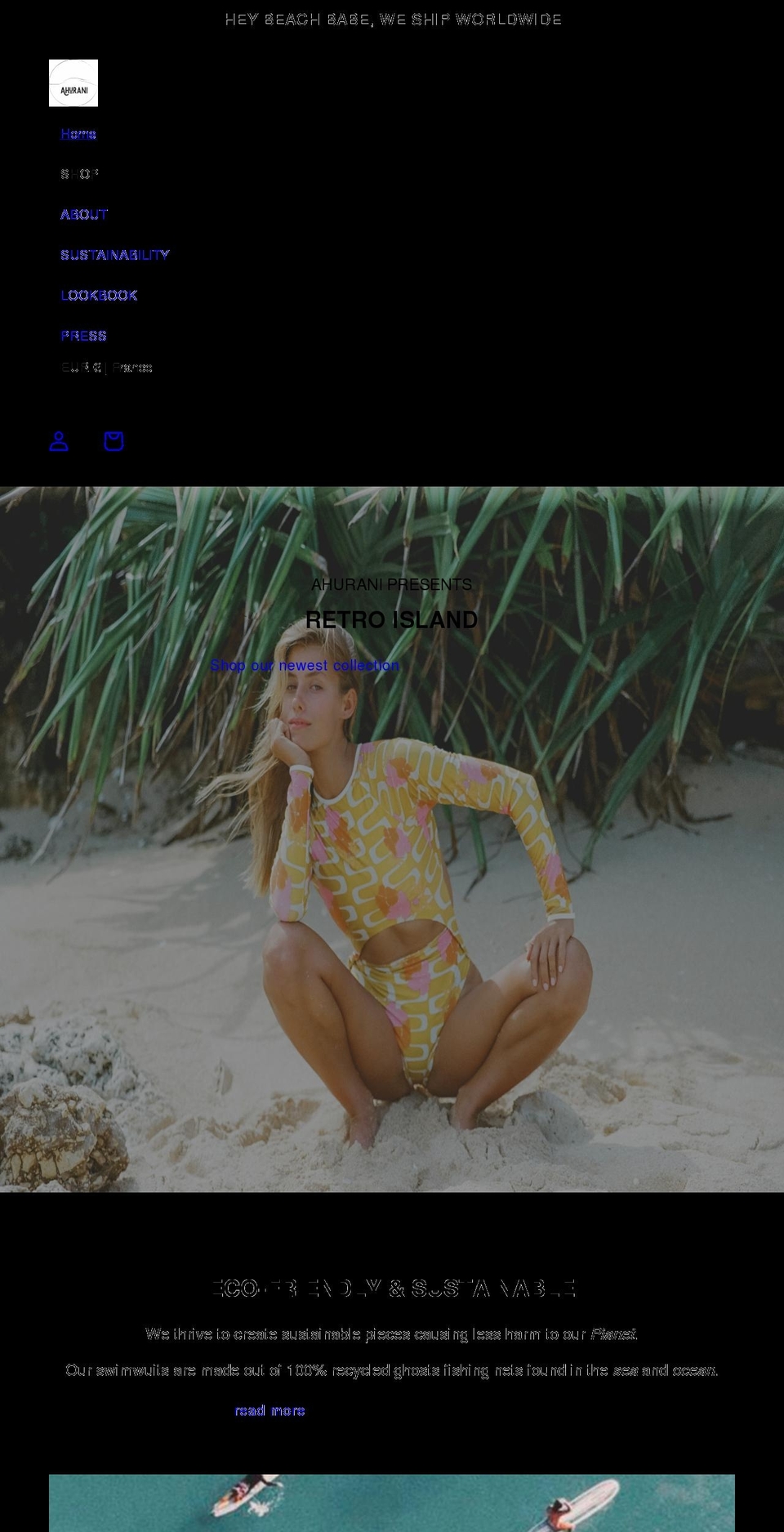 ahuraniswim.com shopify website screenshot