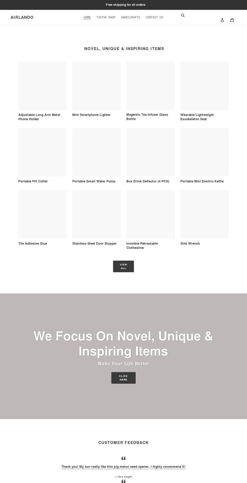 airlandostore.com shopify website screenshot