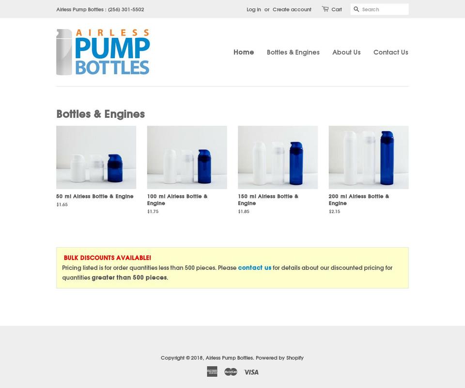 airlesspumpbottles.com — Shopify storefront screenshot