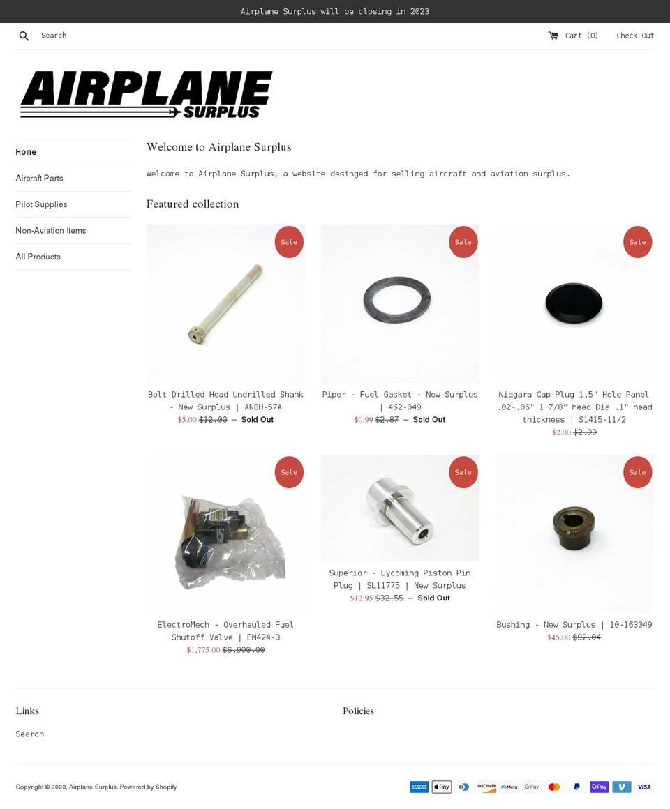 airplanesurplus.com shopify website screenshot