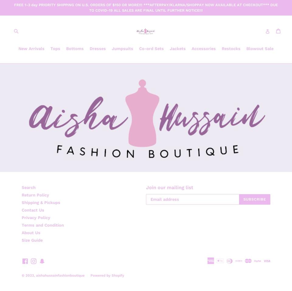 aishahussainfashionboutique.com — Shopify storefront screenshot