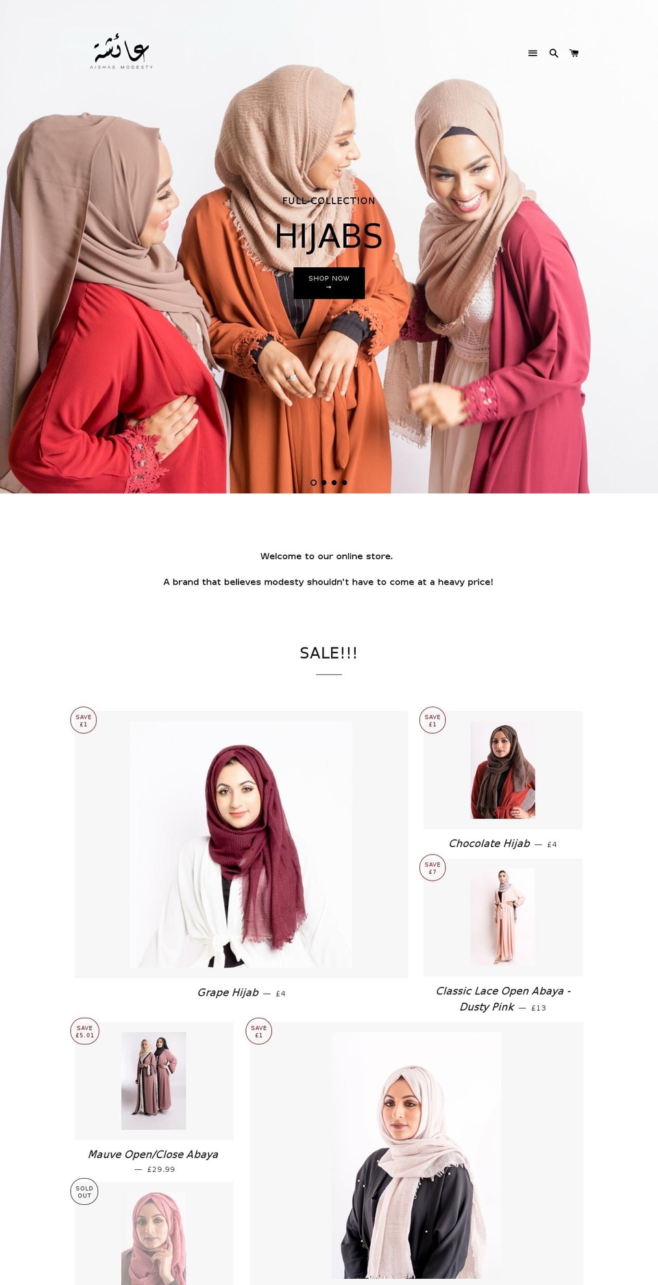 aishasmodesty.com shopify website screenshot