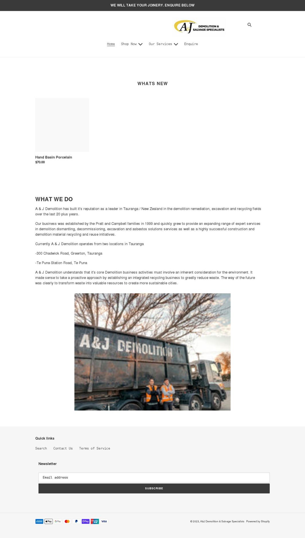 ajdemolition.co.nz shopify website screenshot