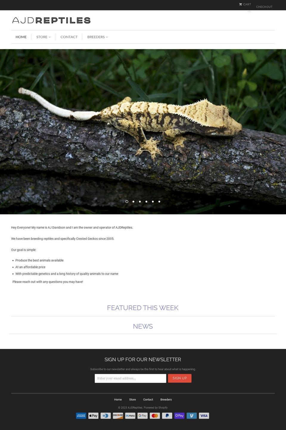 ajdreptiles.com shopify website screenshot
