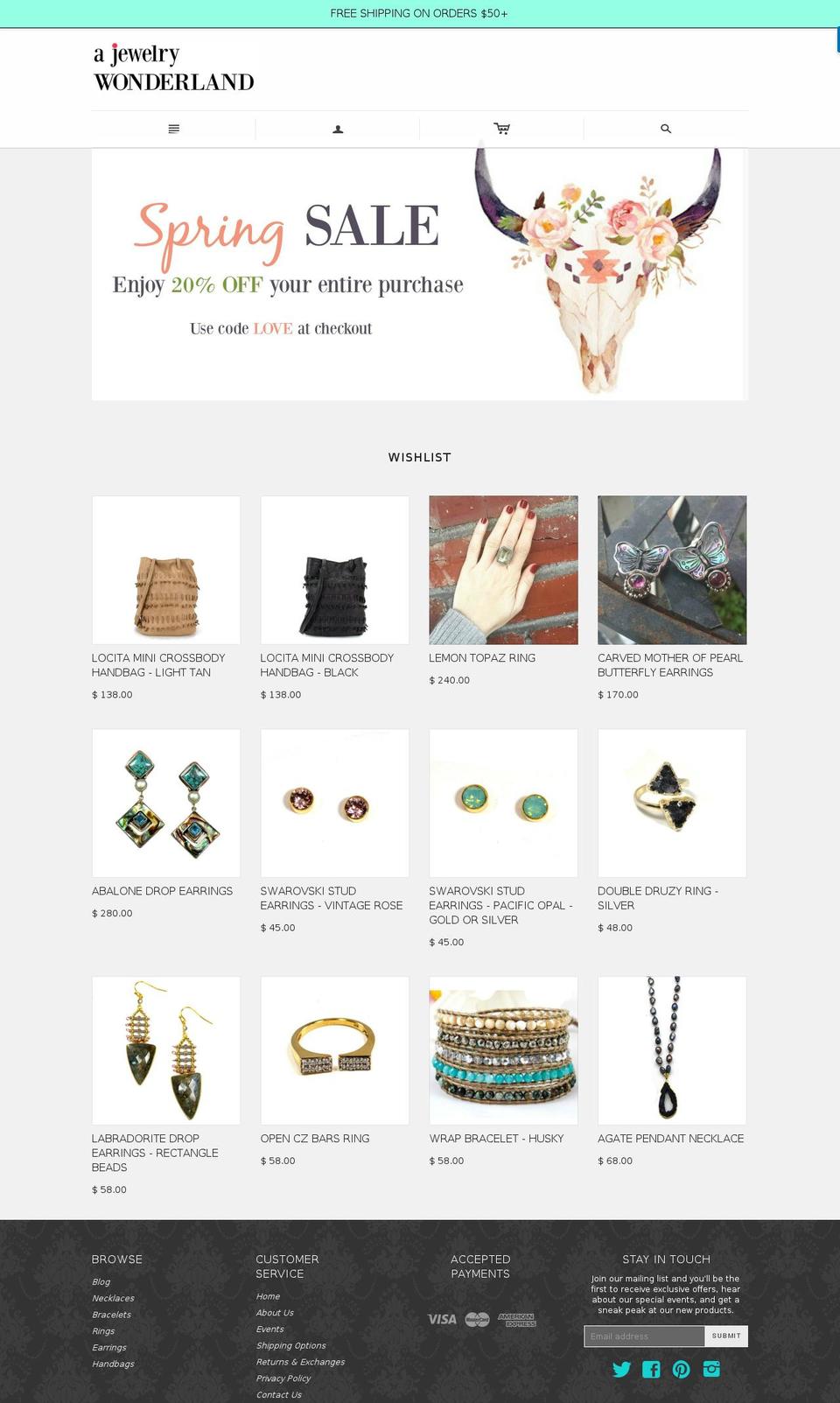 ajewelrywonderland.com shopify website screenshot