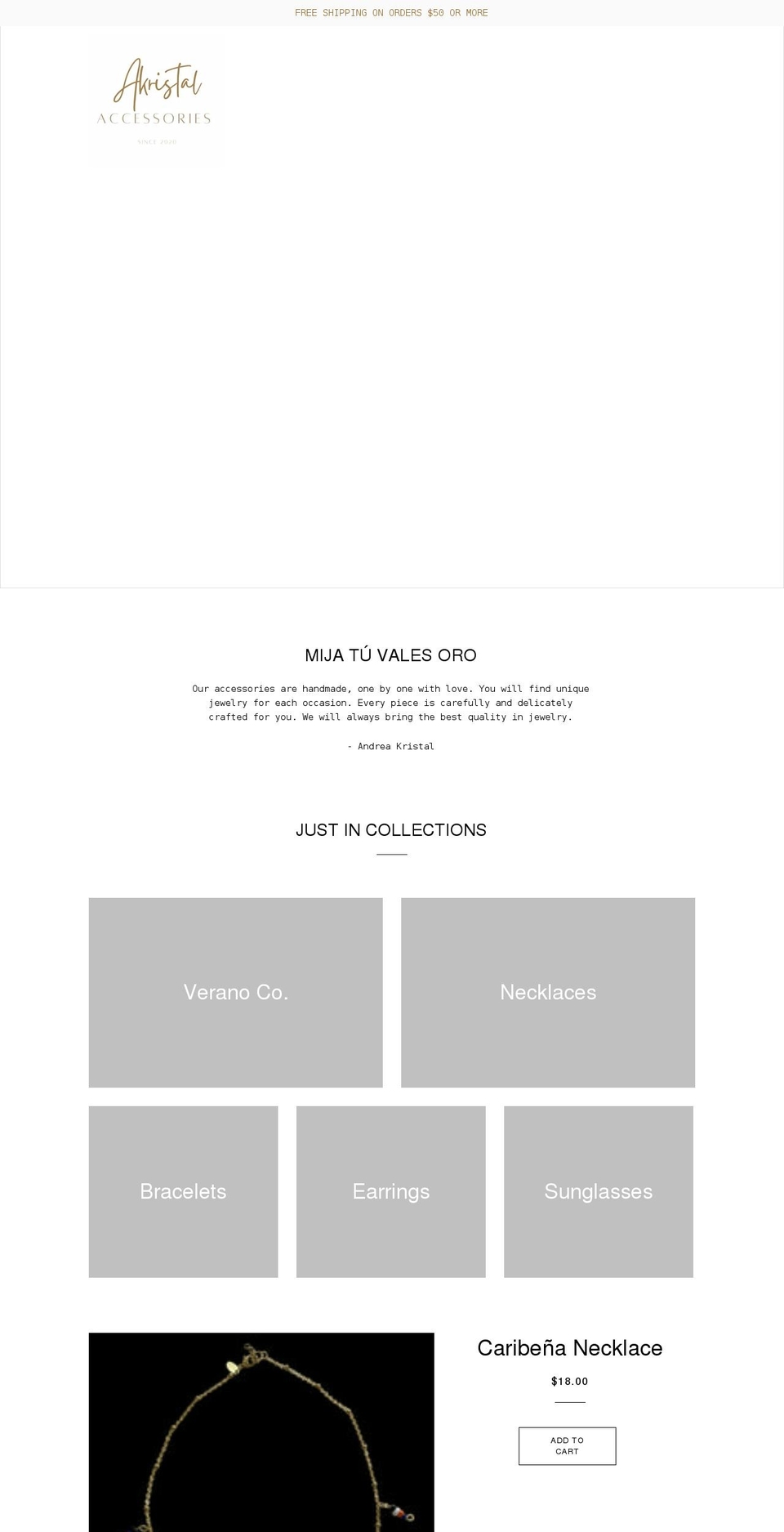 akristalaccessories.com shopify website screenshot