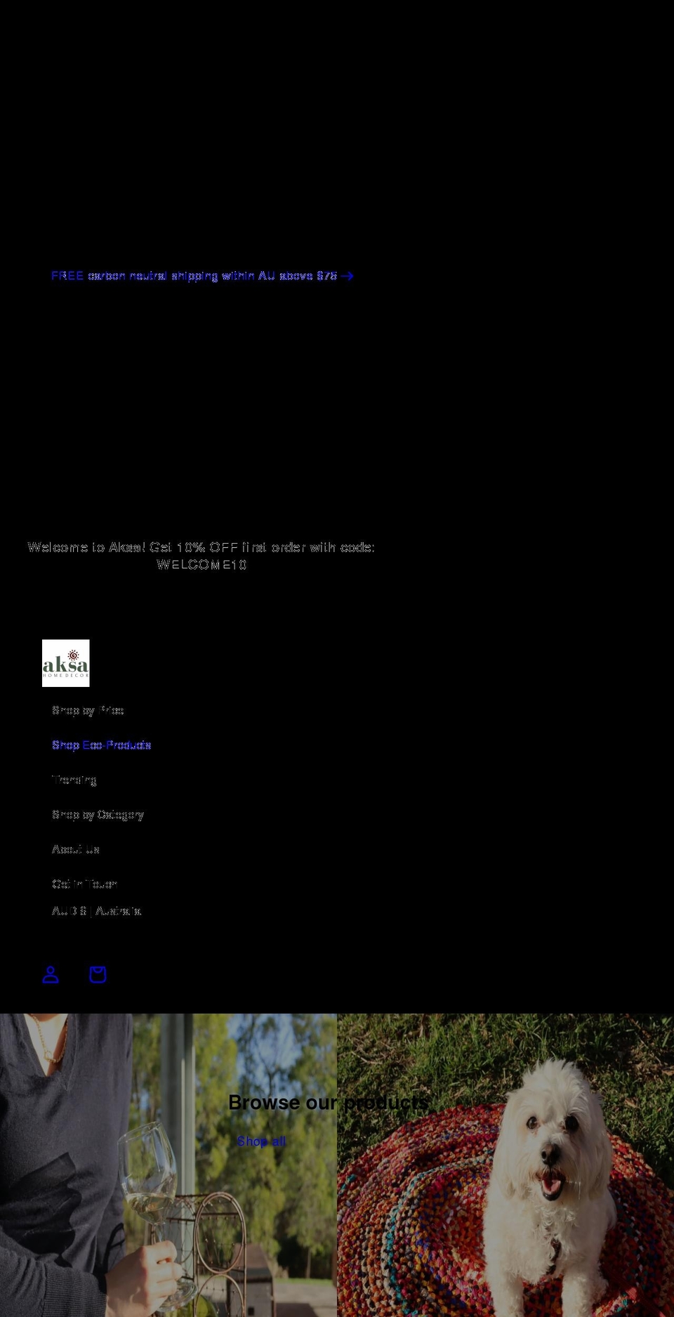aksahomedecor.com shopify website screenshot