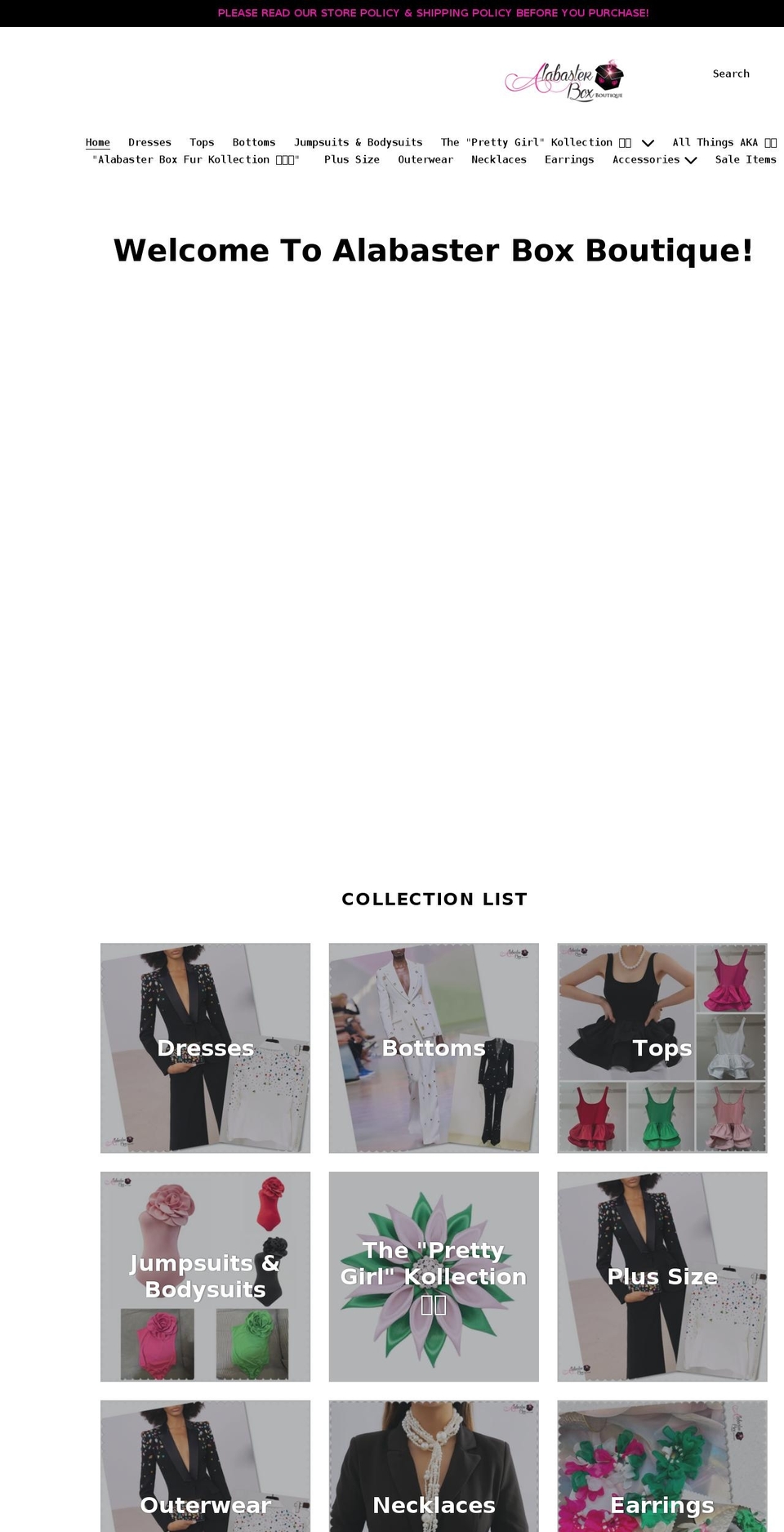 alabasterboxboutique.com shopify website screenshot