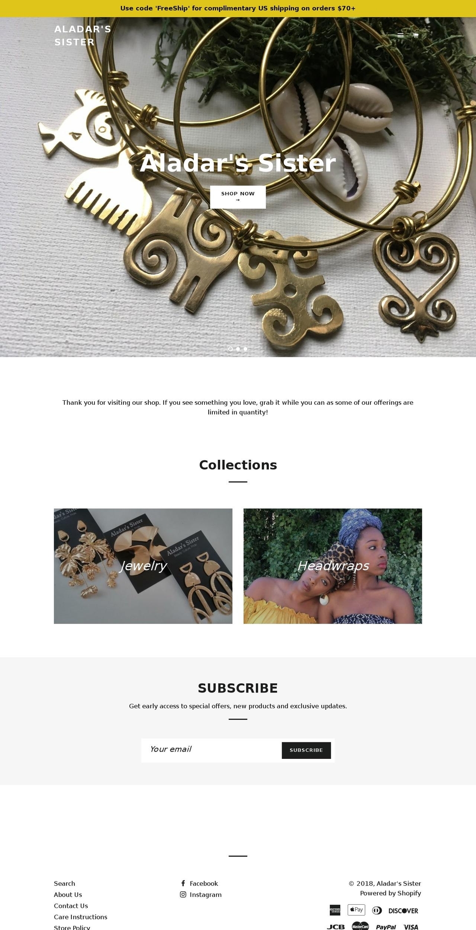 aladarssister.com — Shopify storefront screenshot