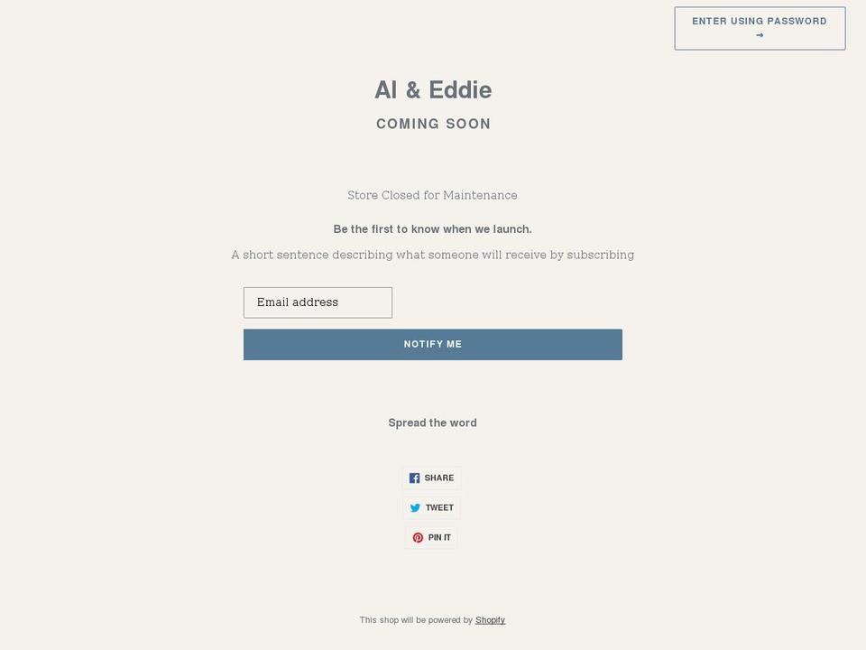 alandeddie.com shopify website screenshot