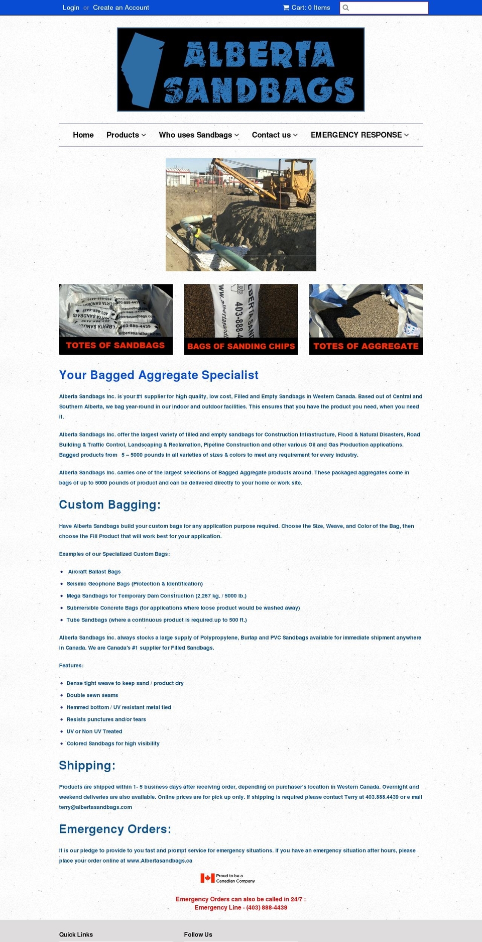 albertasandbags.com shopify website screenshot