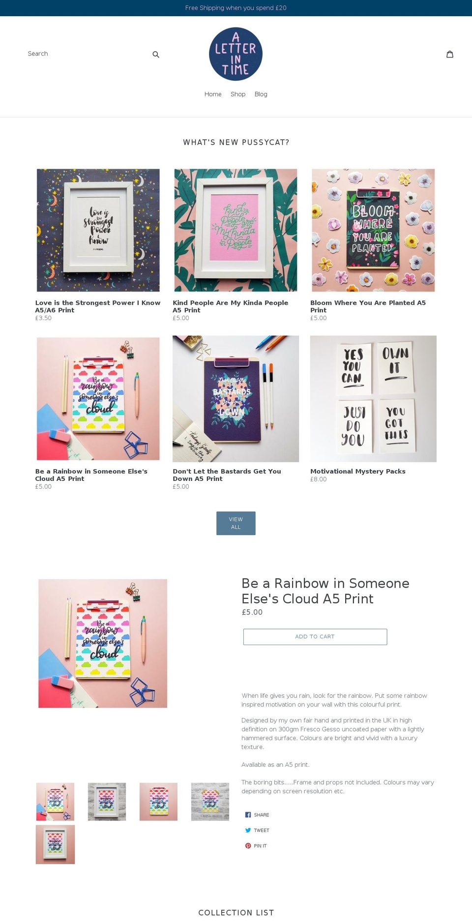 aletterintime.com shopify website screenshot