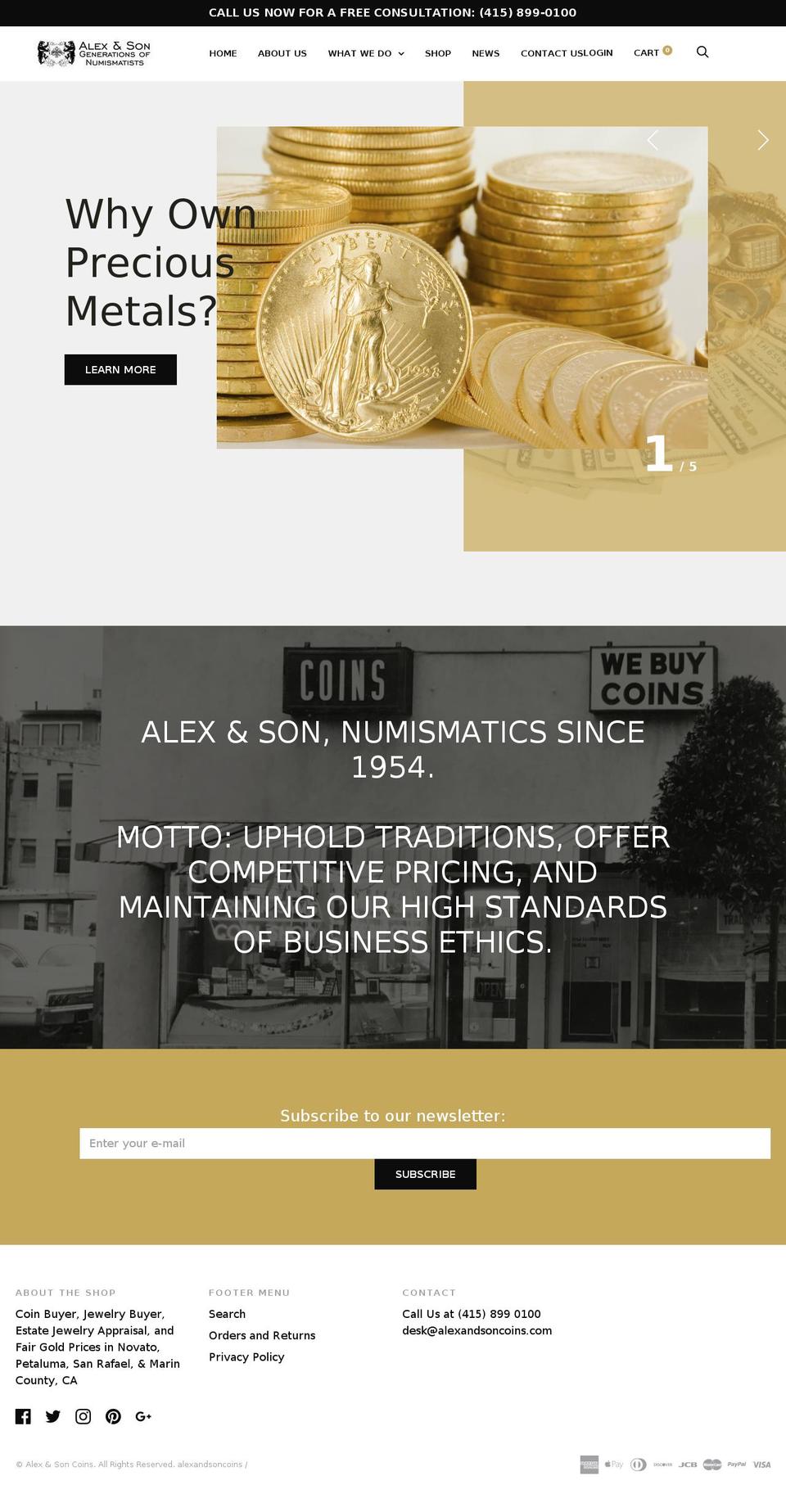 alexandsoncoins.com shopify website screenshot